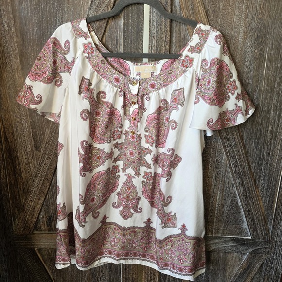Michael Kors Shirt Women's Size 1X White Pink Paisley 100% Silk Flutter Sleeve - Picture 1 of 9